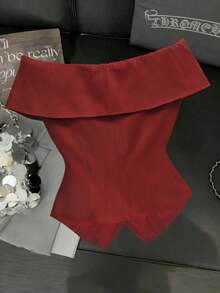 Blusa roja de mujer con hombros descubiertos y cuello, con botones dorados con rosas, ajustada y sexy, perfecta para el Día de San Valentín, elegante para fiestas/cumpleaños, Día de San Valentín, fiestas casuales y atuendo de viaje - Rojo - Ver 2