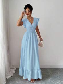 Vestido de vuelo hasta el tobillo con dobladillo de volantes, atuendo de vacaciones y playa para mujeres - Burdeos - Ver 11