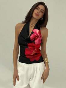 Blusa de mujer con escote profundo drapeado, sin espalda y con lazo trasero, de estilo elegante y sexy - Rojo y negro - Ver 9