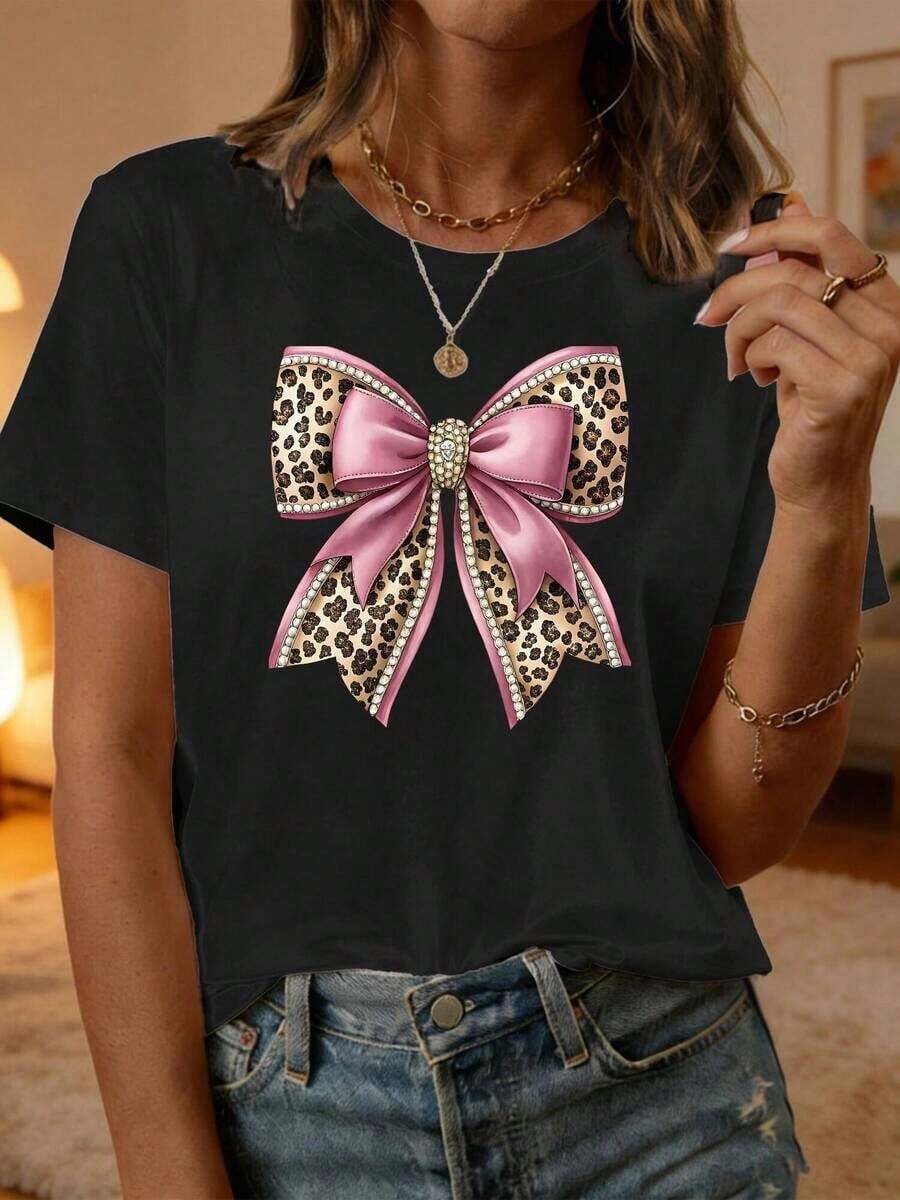 Camiseta Casual de Manga Corta para Mujer con Lindo Estampado de Leopardo y Lazo Rosa, Cuello Redondo - Negro - Ver 1