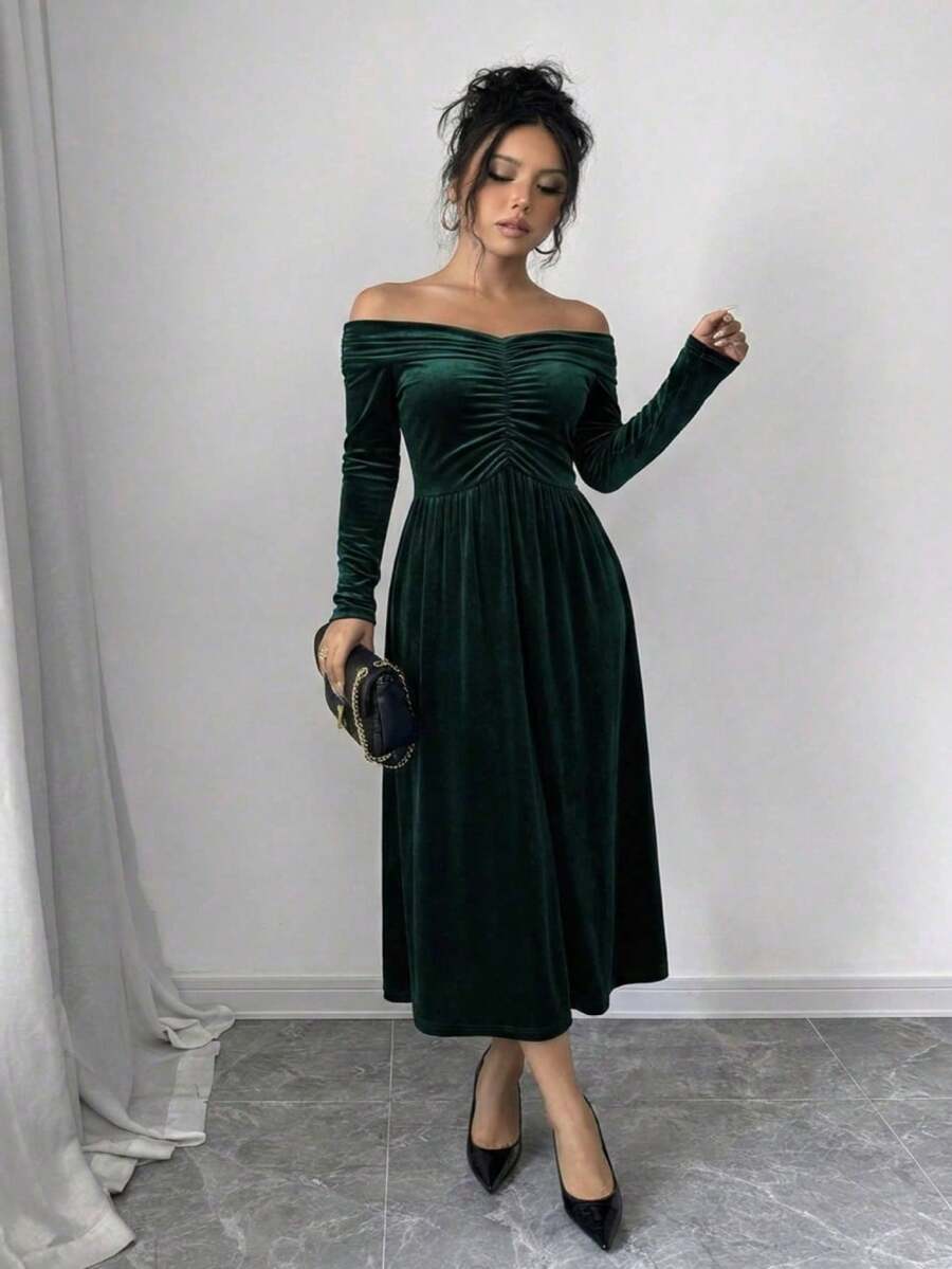 Vestido largo de manga larga ajustado de cintura alta con escote palabra de honor y color sólido - Verde Oscuro - Ver 1