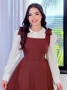 Tailored Dress With Wide Straps And Bow, Code 02, Evangelical Fashion (Shirt Not Included) - Brown - View 4