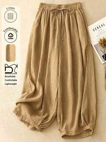 Pantalones cómodos y casuales de cintura alta, elásticos y de lino con caída, adecuados para otoño y verano - Camel - Ver 5