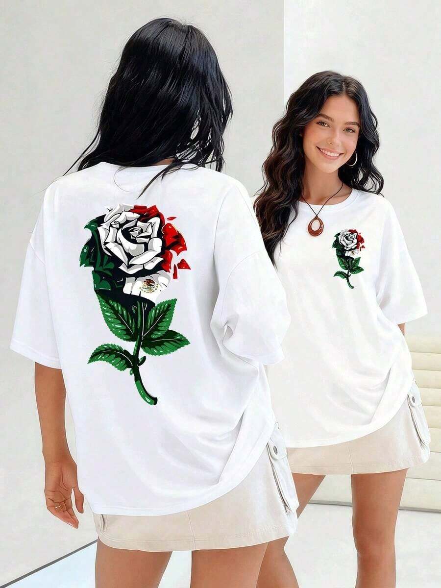 Tricolor Pink T-Shirt With The Mexican National Emblem For Women, Celebrating National Identity And Mexican Pride. 100% Cotton. Suitable For Spring, Summer, And Autumn. - 白色 - 查看 1