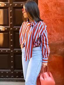 Elegant Women's Delicate Bow Decor Contrast Striped Casual Shirt, Retro Lapel Single-Breasted Loose Fit, Spring Vacation Style - Blue - View 8
