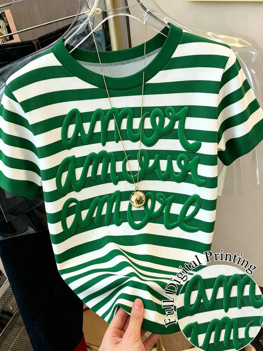 Ropa de verano para mujer con estampado de bloques de color clásico AMOUR, para vacaciones. Camiseta de mujer casual de unicolor, cuello redondo, manga corta - Verde Oscuro - Ver 1