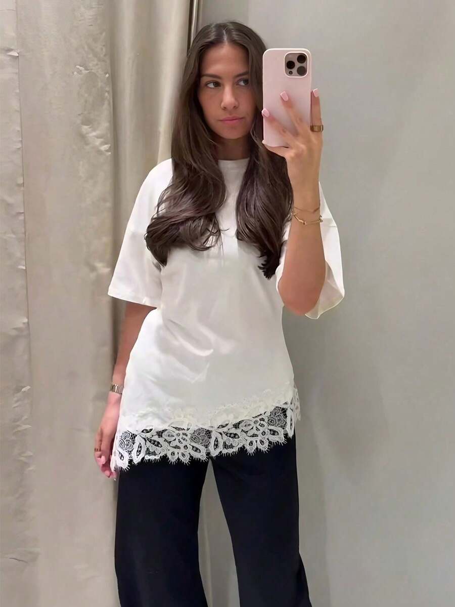 Sexy Lace Patchwork Elegant Women's Streetwear Shirt Casual - White - View 1