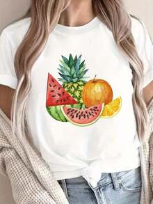 Camiseta Casual de 180g para Mujer, con Estampado Gráfico Vibrante de Rodajas de Fruta en Acuarela, Manga Corta, Cuello Redondo, Estilo Casual, Lavable a Máquina, Camiseta con Diseño Divertido, 100% Algodón, Duradera - Blanco - Ver 1