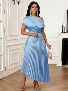 Lady Vestido elegante de mujer con estampado de teñido anudado y cuello asimétrico - Azul - Ver 5