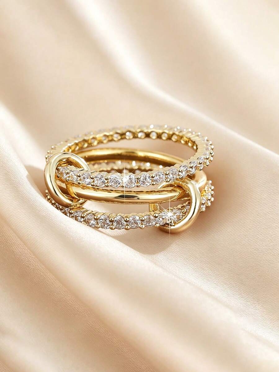 1 chiếc nhẫn đồng mạ vàng 18K đính đá Zirconia, nhẫn xếp lớp nhiều lớp thời trang, phù hợp cho nữ đeo hàng ngày. - nhẫn - Xem 1