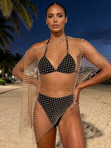 Women's Gold Fishnet Rhinestone Ponchos Tops Asymmetric Off One Shoulder Cut Out Mesh Cover Up Lingerie - Gold - View 3