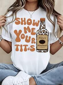 Casual Fun Women's T-Shirt With Show Me Your Tito's And Vodka Bottle Print For Party Season Gift For Friends - 白色 - 查看 1