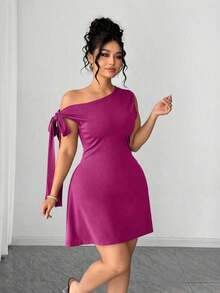 Vestido corto asimétrico de hombro de unicolor para mujer de talla grande - Morado - Ver 3