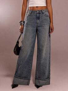Jeans de tiro bajo de pierna ancha, versátil y suelto, de color azul grisáceo lavado de manera casual, nuevos para el verano - Azul lavado medio - Ver 4
