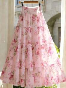 Falda de mujer de verano con estampado floral y parches superpuestos - Rosa - Ver 4