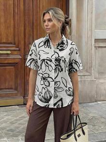 Camisa casual de mujer con estampado floral y manga corta - Blanco y Negro - Ver 3