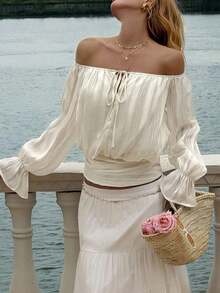 Lucivie Blusa blanca elegante y casual de hombros descubiertos para el verano - Blusa de manga larga con volantes y puños a rayas transparentes con lazo delantero, perfecta para vacaciones en la playa, fiestas y uso diario casual, conjunto elegante casual para vacaciones en la playa y eventos de noche, versátil para vacaciones de verano, fiestas y ropa de estar en casa - Albaricoque - Ver 9