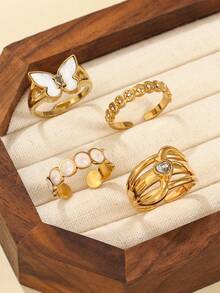 1pc/4pcs 18K Gold Plated Stainless Steel Butterfly Heart Zirconia Exquisite Stackable Rings, Y2K Soft Girl Minimalist Daily Party Jewelry Gift, Open Ring Adjustable Size, Butterfly, Round, Heart-Shaped Zirconia Inlaid, Suitable For Women's Daily Decoration Or Gifting - Yellow Gold - View 2