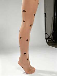 Women's Anti-Snag Transparent Pantyhose With Playing Card Pattern, High Waist Tights Suitable For Party And Daily Wear - Apricot - View 6