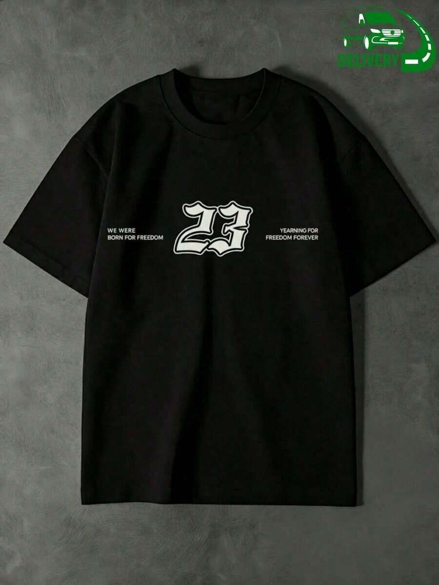 Men's Black Polyester T-Shirt With Gothic Number 23 Print And Freedom Phrases – For Everyday Casual Wear - Black - View 1