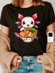 Camiseta adorable kawaii para amantes del ramen con estampado de letras de moda, manga corta y cuello redondo, top casual para verano y primavera, ropa de mujer - Negro - Ver 1