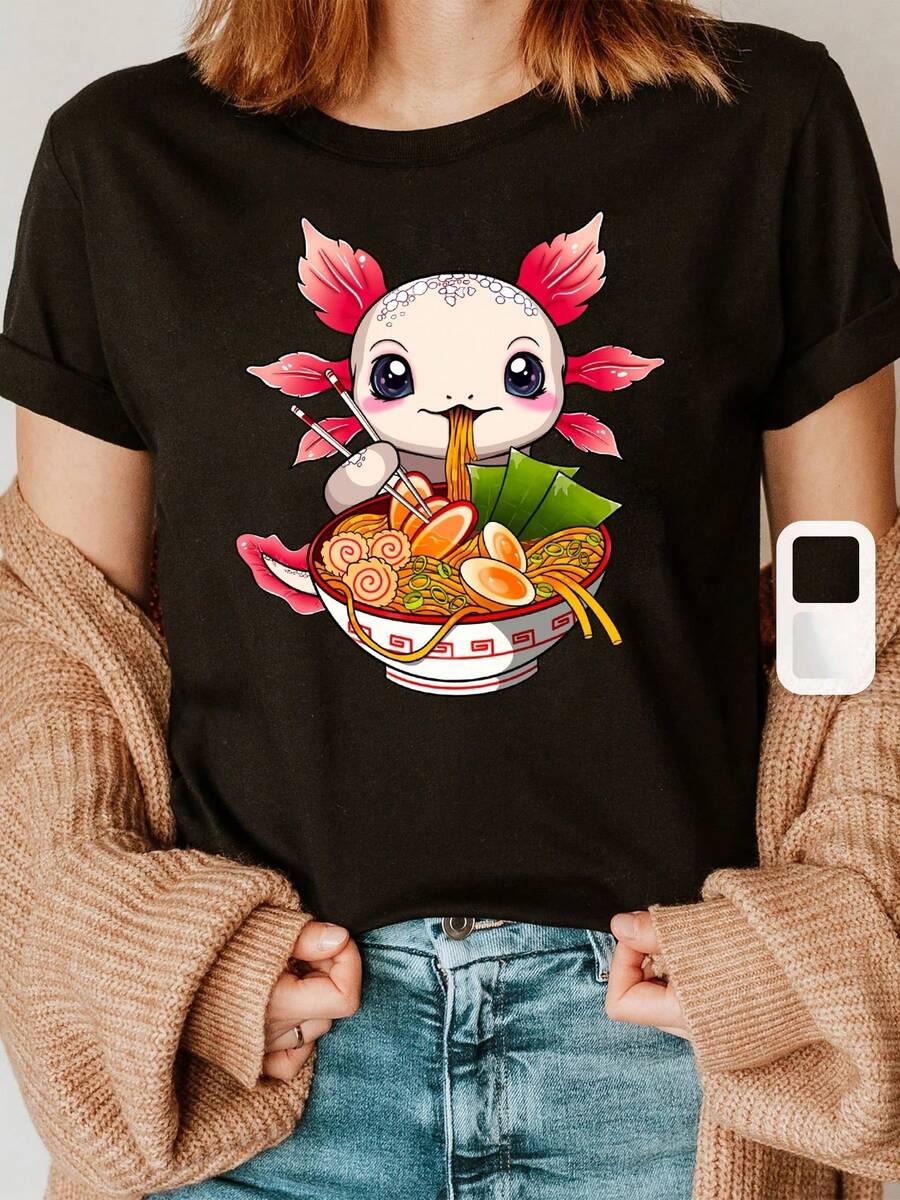 Camiseta adorable kawaii para amantes del ramen con estampado de letras de moda, manga corta y cuello redondo, top casual para verano y primavera, ropa de mujer - Negro - Ver 1