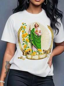Women's Graphic T-Shirt, Short Sleeve, Round Neck, Basic, Comfortable, Cool, Lightweight, Modern, Youthful, Casual Print, Saint Jude Thaddeus, Sunflowers, Flowers, Floral Lettering - 白色的 - 查看 6