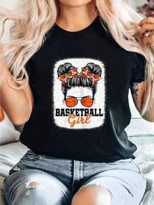 Algodón Camiseta Con Estampado De Jugadora De Baloncesto Para Mujer, Cuello Redondo, Manga Corta, Cómoda, Informal, Para Primavera Y Verano, % Algodón. Blusas Para Mujer Camisa - Negro - Ver 7