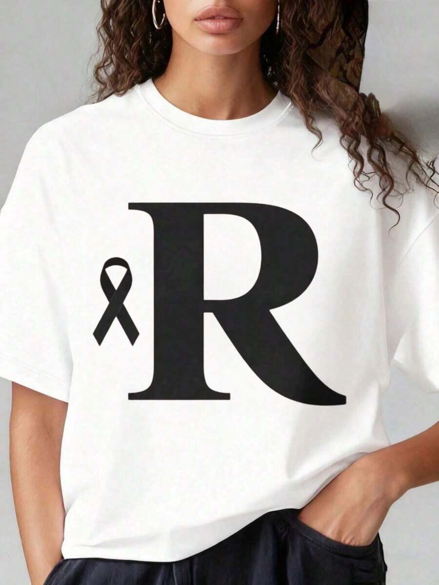 Camiseta negra con cinta blanca y diseño de la letra R para la concientización sobre el cáncer de mama. Estampados divertidos son adecuados para reuniones familiares, fiestas de Navidad, actividades deportivas, fiestas de vacaciones, salidas, deportes y otros regalos navideños (220g). Sellos Divertidos Son Ideales Para Reuniones Familiares, Fiestas de Navidad, Actividades Deportivas, Fiestas de Fin de Año, Salidas, Deportes y Otros Regalos Navideños (220g). Playeras de mujer - Blanco - Ver 1