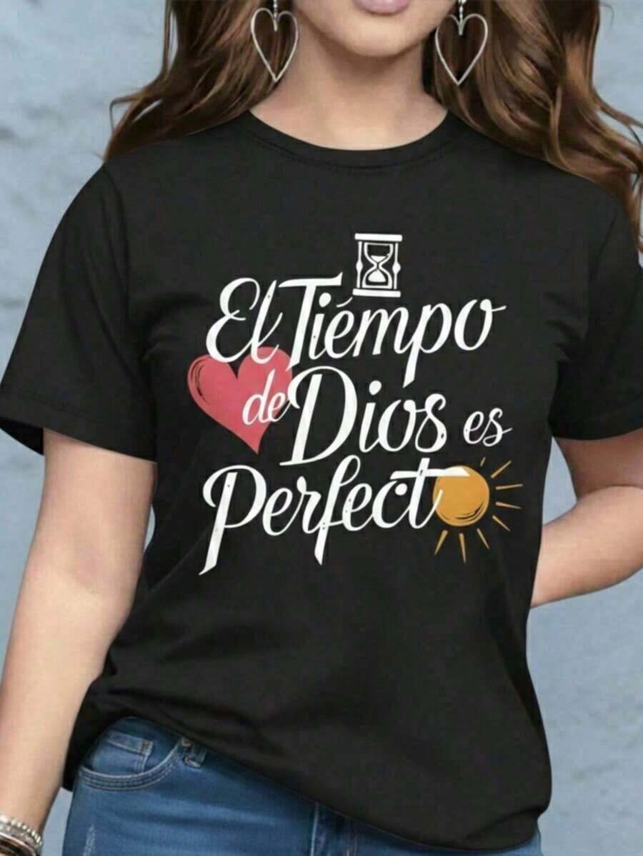 short sleevesPlayera camiseta blusa gráfica dama mujer estampada casual estampado love amor parejas corazon febrero corte regular material suave cuello redondo manga corta diario día noche calle casa cómoda fresca ligera moderna juvenil urbana aesthetic primavera verano playa calor y2k femenina frase religiosa tiempo de dios es perfecto letras cristiana corazónLeisure - Negro - Ver 1