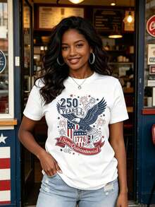Camisetas Casuales para Mujer, Camiseta de Cuello Redondo para Mujer con Diseño Patriótico de Fuegos Artificiales del Semiquincentenario de 250 Años (1776) para Celebración del Día de la Independencia, Estilo Y2K, Camisetas de Moda de Verano, Conjuntos y Tops Casuales de Streetwear - Blanco - Ver 2