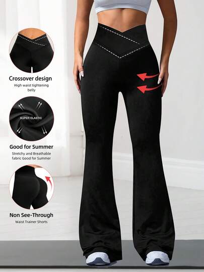1 Pair Women's Elastic Criss-Cross Fitness & Running Pants, High Waist Flare Leg Slimming Design, Casual Criss-Cross Waistband Trousers, Suitable For All Seasons Sports