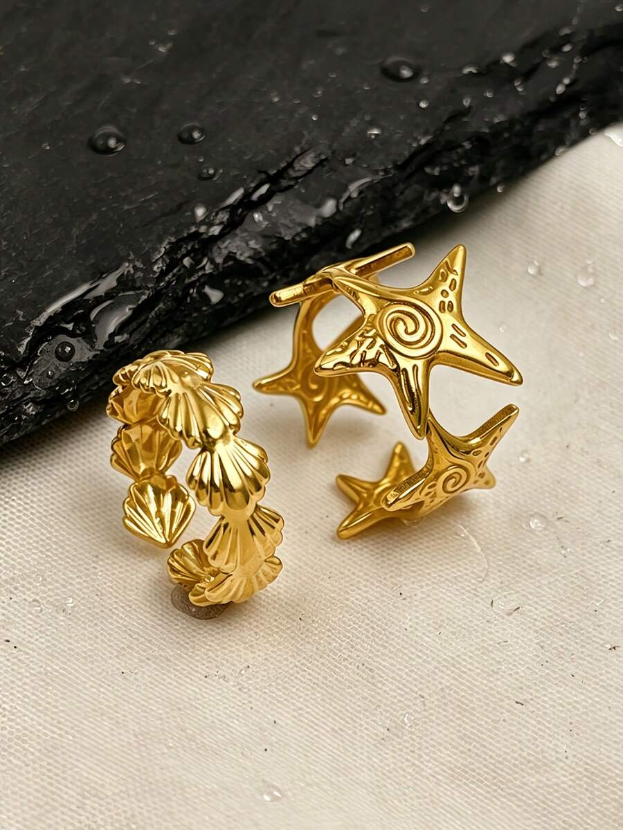 2pcs Titanium Steel Classic Fashion, Luxury, Hip-Hop, Cute, Retro, Minimalist, Adjustable Unisex Rings, Suitable For Various Outfits, Work, Study, Travel, Carnival, Concerts, Parties, And Holidays As Gifts - Golden-starfish Shell - View 1
