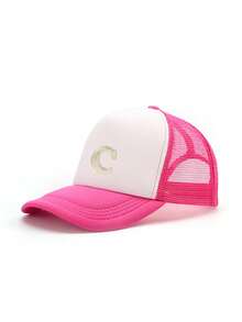 1 pieza Gorra de camión con diseño de letras, gorra de béisbol de malla con diseño de 26 alfabetos con estilo de moda Y2K, ajustable, ligera de 5 paneles, adecuada para primavera/otoño, exterior, viajes y playa - Rosa blanca - Ver 30