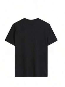 Camiseta de cuello redondo y mangas cortas de ropa fashion, fabricada en México, para la temporada primavera-verano 2025. Con estampado de dibujos animados, es un modelo de pareja, apta para usar tanto por dentro como por fuera, ideal para oficina y estilo casual, diseñada para hombres y mujeres, en unidad individual. - Negro - Ver 2