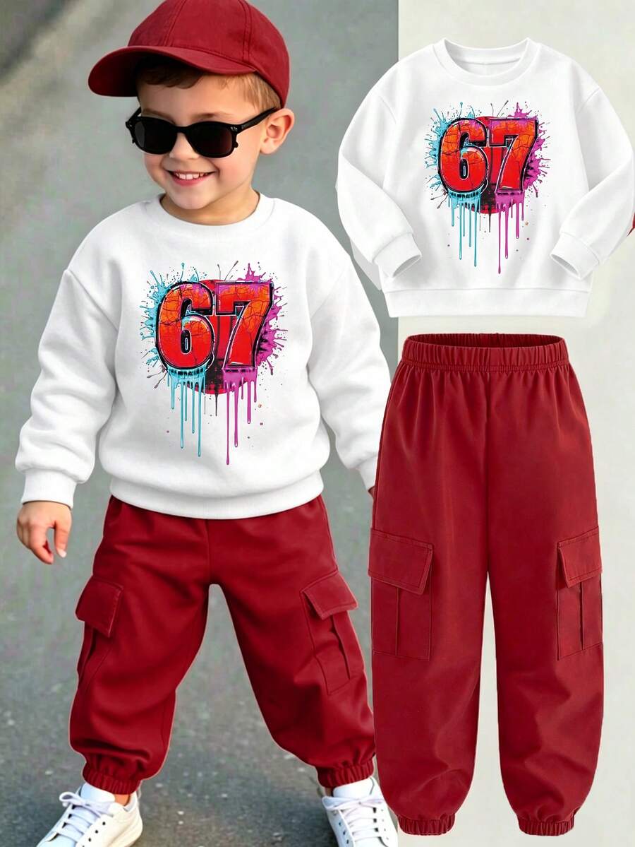 Young Boy Cartoon Print Crew Neck Long Sleeve Top And Cargo Pants Set - White - View 1