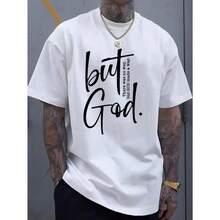 Men'S Cotton Crew Neck T-Shirt With "But God" Letter Print, Casual Street Style, All-Season Comfort Fit,  Knit Fabric, Cotton T Shirts - Blanco - Ver 5