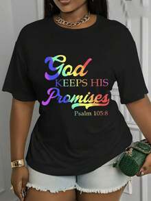 Camiseta de manga corta con cuello redondo y estampado - El tema del diseño es "Dios cumple sus promesas" (Salmo 105:8).Este elegante top presenta un diseño casual de cuello redondo y está confeccionado con un tejido suave y elástico.Lavable a máquina y adecuada para todas las estaciones, proporcionando una experiencia de uso cómoda. Camiseta de verano fresca para mujer. - Negro - Ver 6