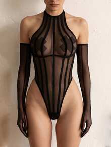 Bộ jumpsuit hai dây kẻ sọc bằng vải lưới gợi cảm với đường xẻ cao, thiết kế xuyên thấu (kèm găng tay) - màu đen - Xem 4