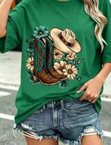 short-sleeveBlusas>Bonito Women's-fashionCamiseta playera gráfica dama mujer manga corta cuello redondo casual cómoda fresca ligera moderna juvenil corte regular estampado botas vaqueras flores flor floral sombrero femenina cowboyNew loose and versatile top 100% Cotton Blusas Para Mujer Casual100% Cotton - Verde - Ver 5
