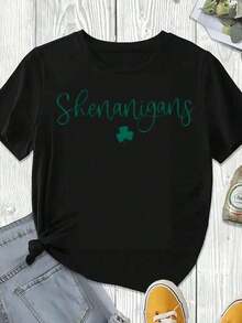 Elegante y casual para mujer, manga corta, camiseta blanca con estampado de trébol para el Día de San Patricio, ropa casual para primavera y verano. - Negro - Ver 3