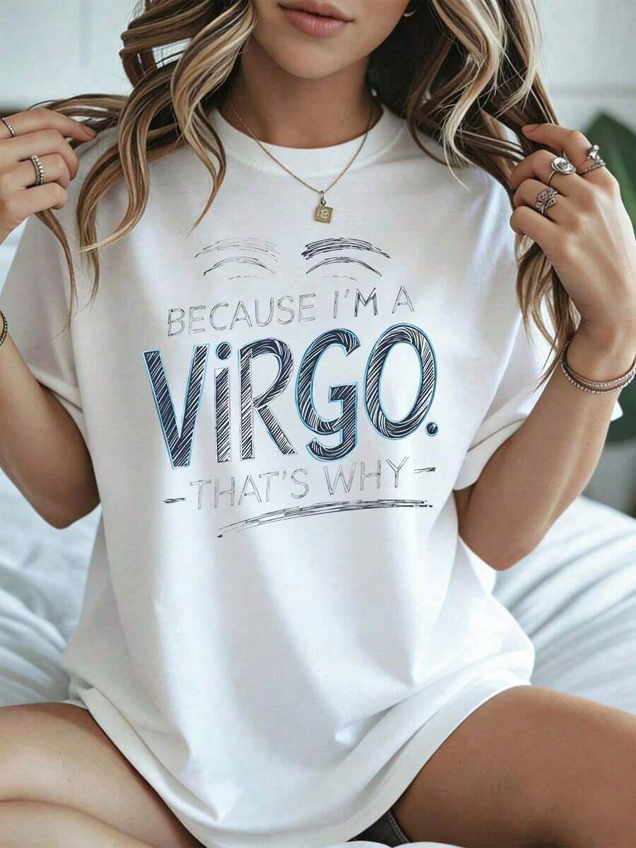 Elegante y casual para mujer, manga corta, camiseta de cuello redondo con estampado "Zodiac Birthday Because Im A Virgo Thats Why", ropa casual blanca para mujer, primavera verano. - Blanco - Ver 1