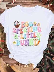Elegante y casual para mujer, manga corta, camiseta de Pascua con estampado de conejito, blanca, top casual para mujer, primavera, verano, conjunto para anunciar el embarazo. - Blanco - Ver 3