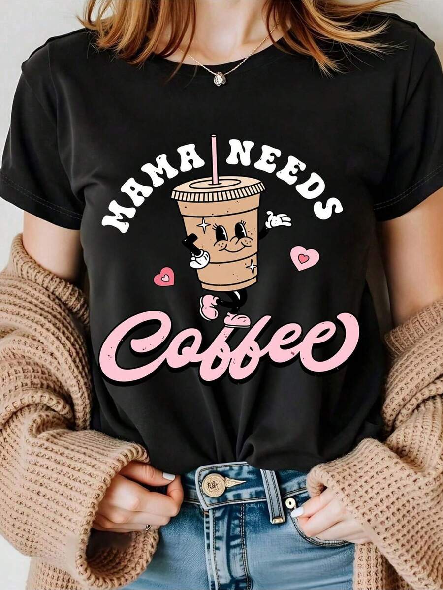 Camiseta de Algodón Casual Retro Transpirable para Mujer, Talla Grande, Estampado Urbano, Hombros Caídos, Manga Corta, Ropa Deportiva para Actividades al Aire Libre, Adecuada para Uso Diario en Estilo Urbano - Negro - Ver 1