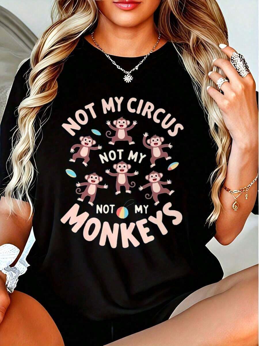 Camiseta de Mujer - Talla Grande - Camiseta Gráfica para Mujer con la Frase "Not My Circus Not My Monkeys" - 100% Algodón, Camiseta Casual de Manga Corta con Divertido Diseño de Monos, Camiseta Ligera de Verano, Ropa Casual| Top con Estampado Divertido| Camiseta ligera - Negro - Ver 1