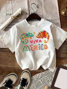 Camiseta de Mujer - Camiseta Gráfica VIVA MEXICO para Mujer - Estampado de Camaleón Colorido, Camiseta Casual de Manga Corta con Cuello Redondo, Transpirable y Cómoda para Todas las Temporadas, Camiseta Casual con Estampado Divertido, Tela Transpirable, Camisetas para Salir para Mujer - Blanco - Ver 1