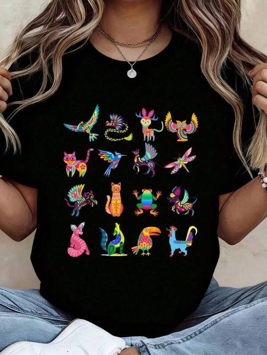 Camiseta de Alebrijes, Criatura Animal, Arte Popular Mexicano, Patrimonio Hispánico, camisetas gráficas, tops cortos para mujeres, conjuntos de verano para mujeres, tops de veranoblusas para mujer playeras de mujer vestidos casuales para mujer y2k playeras deportivas para mujer verano camisetas ropa de mujer Fashion Perfect For Daily - Negro - Ver 1