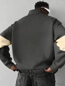 Men's Casual Fashionable Versatile Contrast Color Collegiate Style Comfortable Half-Zip Long Sleeve Sweatshirt, Autumn/Winter - Dark Grey - View 2