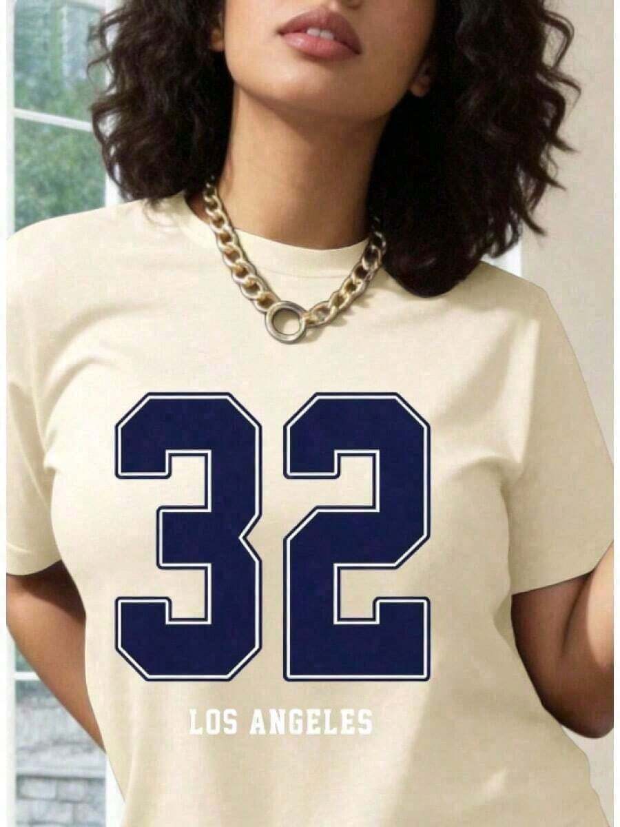 Ropa De Moda Para Mujer De , Camia Deportiva Digital De Los ÁNgeles, 100% AlgodóN Puro, Camia De Manga Corta Para Mujer, Estilo Deportivo, Top Con Estampado De NúMeros Y Letras De Los ÁNgeles 32, Corte Ajustado, , Camia Deportiva Casual, Adecuada Para Deportes Y Fitness, Salidas Diarias, Viajes Al Campus Y Otras Ocasiones, Ropa Retro Americana Para Mujer, ArtíCulos VersáTiles Para El DíA A DíA. Adecuado Como Regalo.Playera De Mujer.Blusas>Elegantes.Boho Chic,1 Pieza - Albaricoque - Ver 1