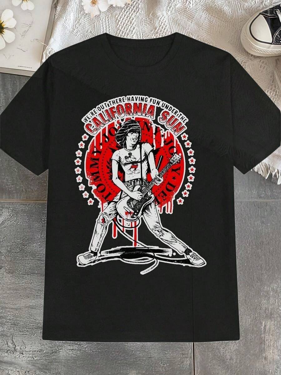 Camiseta de hombre de manga corta, divertida con gráfico de banda, cuello redondo, corte regular, poliéster transpirable, ligero de 180gm2, estilo vintage en negro con mezcla de verano para hombres. - Negro - Ver 1